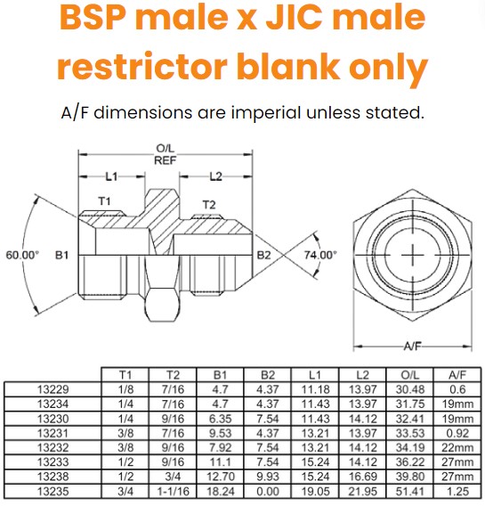 1/8 BSP x 7/16 JIC M/M RESTRICTOR BLANK Hydraulic Adaptor